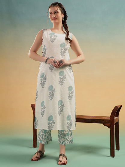 White Sge BlueFloral Print Cotton Kurta Pant Set