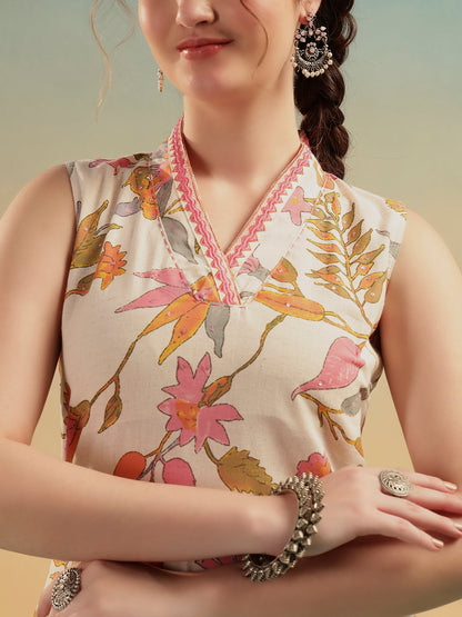 Gulnaar Cream Floral Cotton Kurti Set
