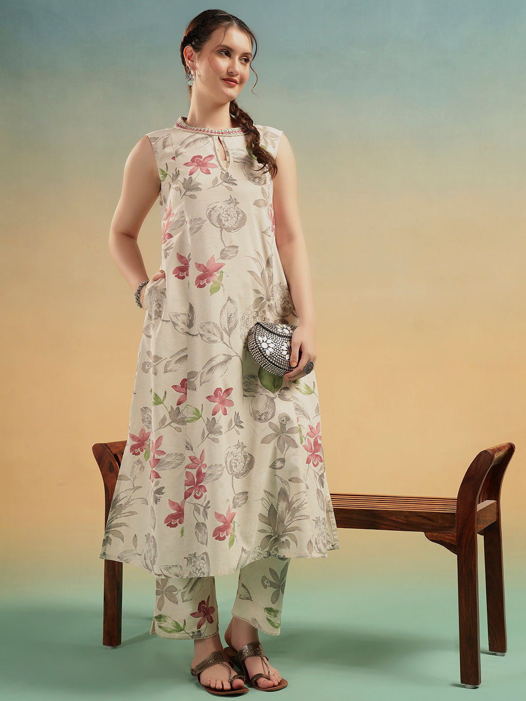 Ivory Floral Cotton Kurta Pant Set