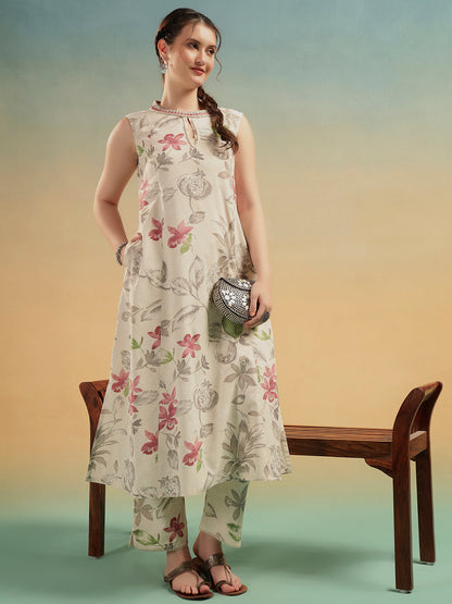 Ivory Floral Cotton Kurta Pant Set