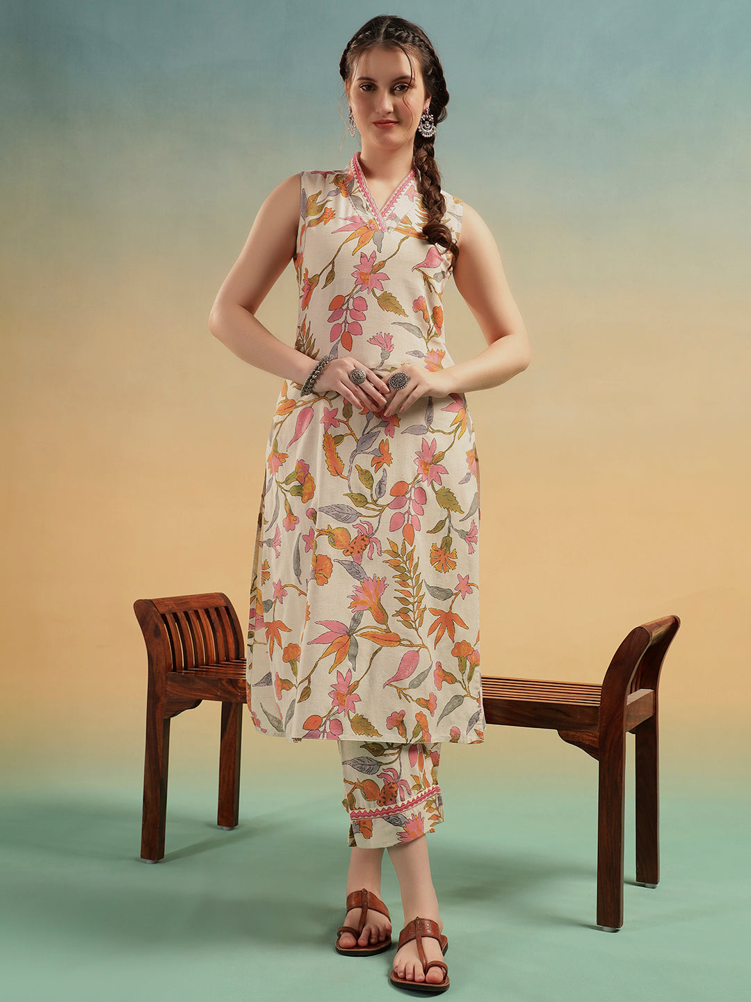 Gulnaar Cream Floral Cotton Kurti Set