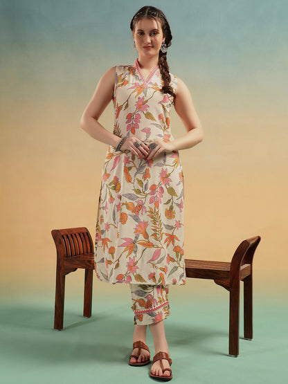 Gulnaar Cream Floral Cotton Kurti Set