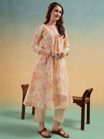 Ivory Floral Jaipuri Cotton Kurta Pant Dupatta Set
