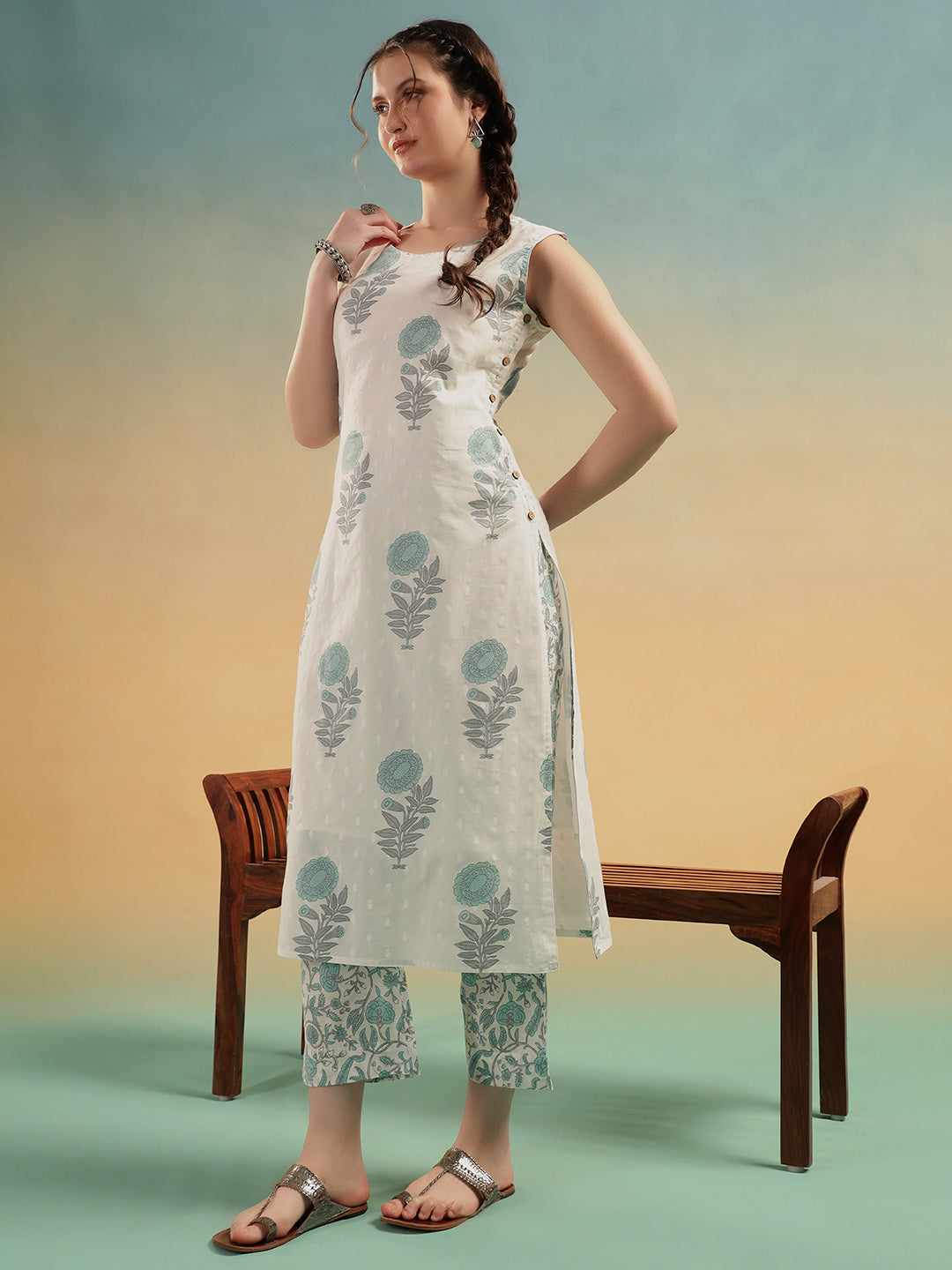 White Sge BlueFloral Print Cotton Kurta Pant Set