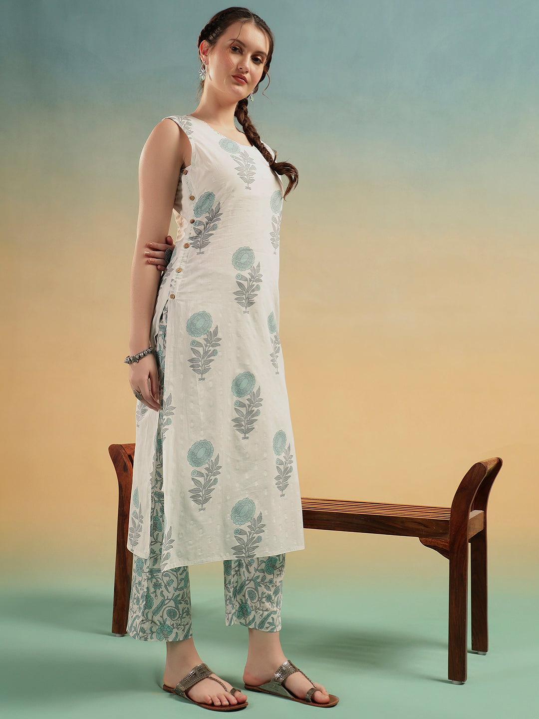 White Sge BlueFloral Print Cotton Kurta Pant Set