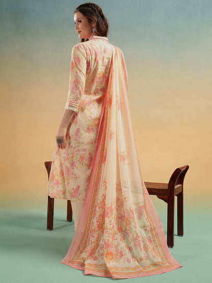 Ivory Floral Jaipuri Cotton Kurta Pant Dupatta Set