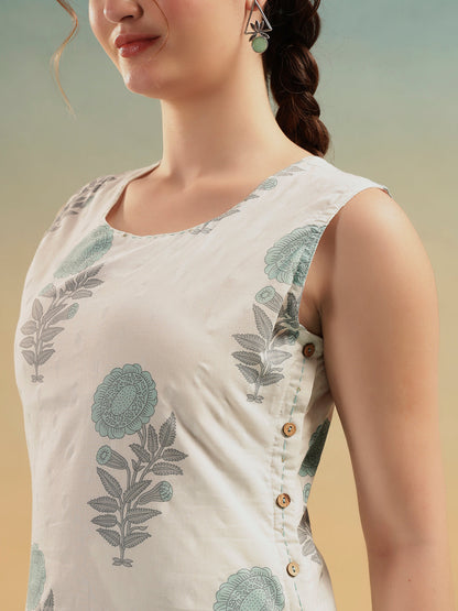 White Sge BlueFloral Print Cotton Kurta Pant Set