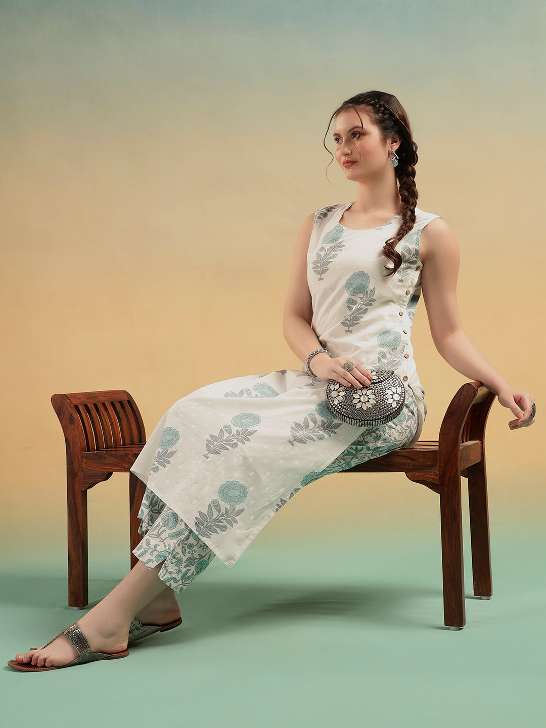 White Sge BlueFloral Print Cotton Kurta Pant Set