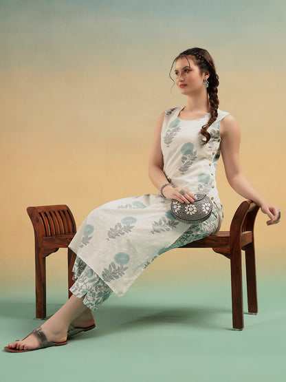 White Sge BlueFloral Print Cotton Kurta Pant Set