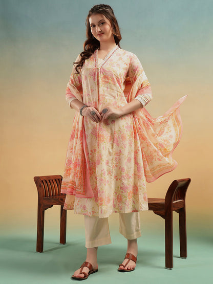 Ivory Floral Jaipuri Cotton Kurta Pant Dupatta Set