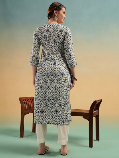 Grey Ikat Print Pure Cotton Straight Kurta
