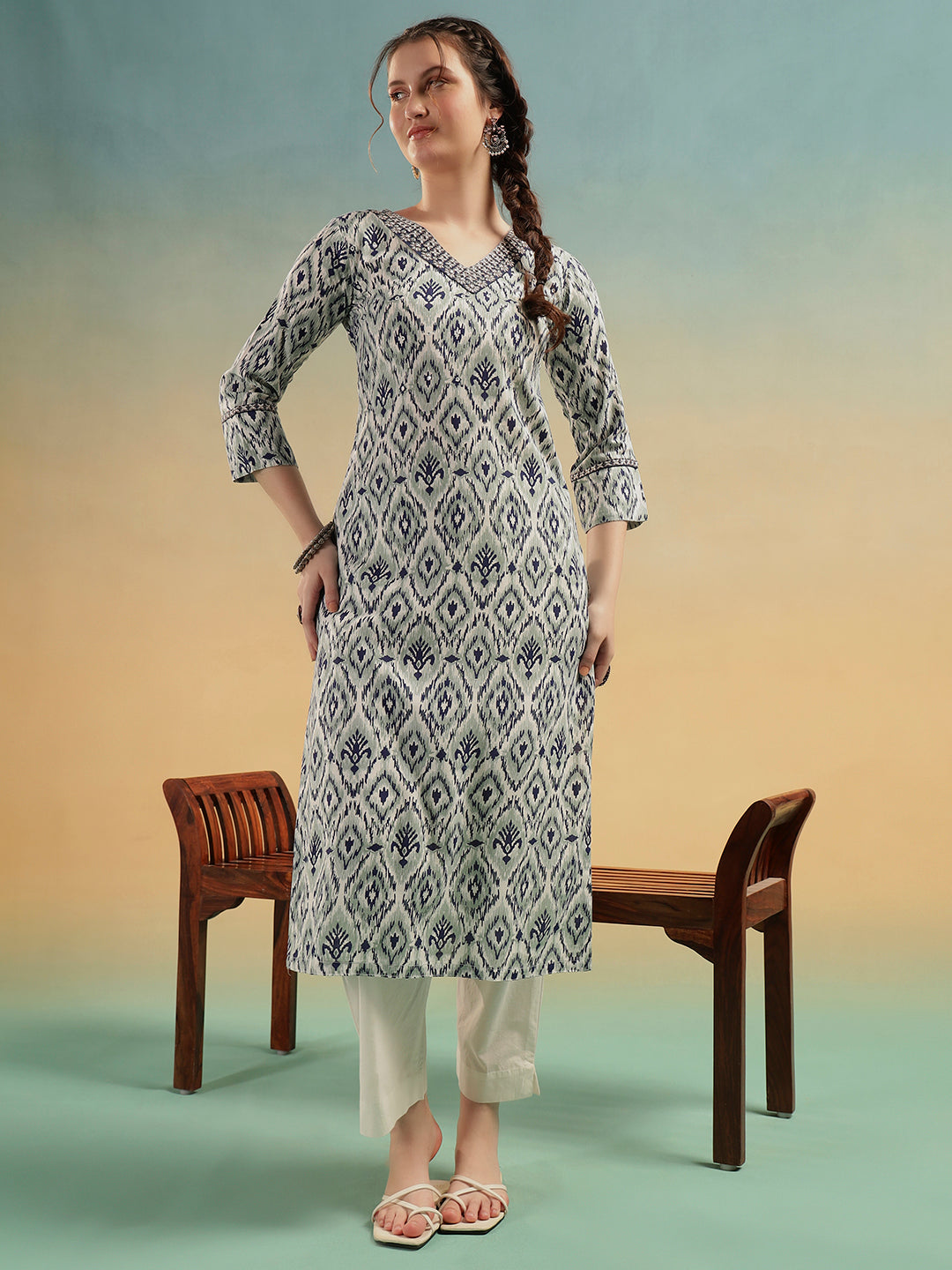 Grey Ikat Print Pure Cotton Straight Kurta