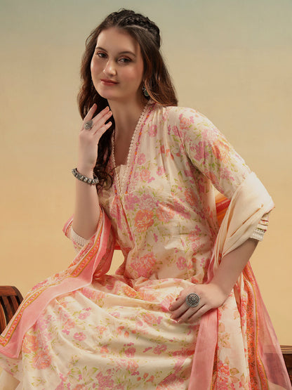 Ivory Floral Jaipuri Cotton Kurta Pant Dupatta Set