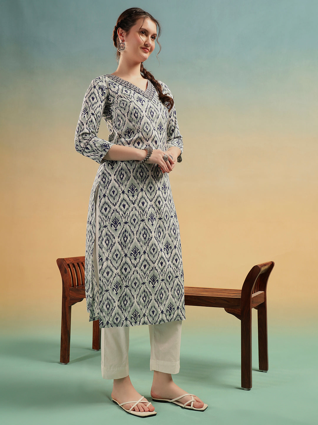 Grey Ikat Print Pure Cotton Straight Kurta