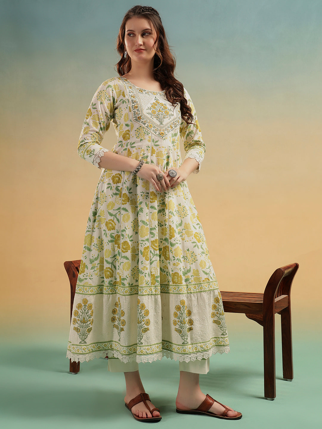 Gulnaar Cream Jaipur Handblock Cotton A-Line Suit Set