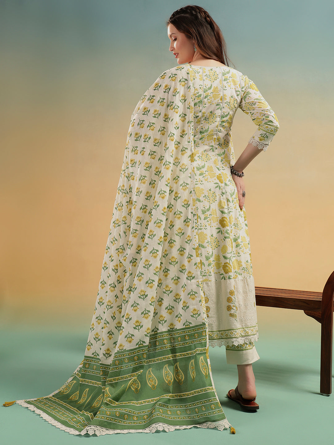 Gulnaar Cream Jaipur Handblock Cotton A-Line Suit Set