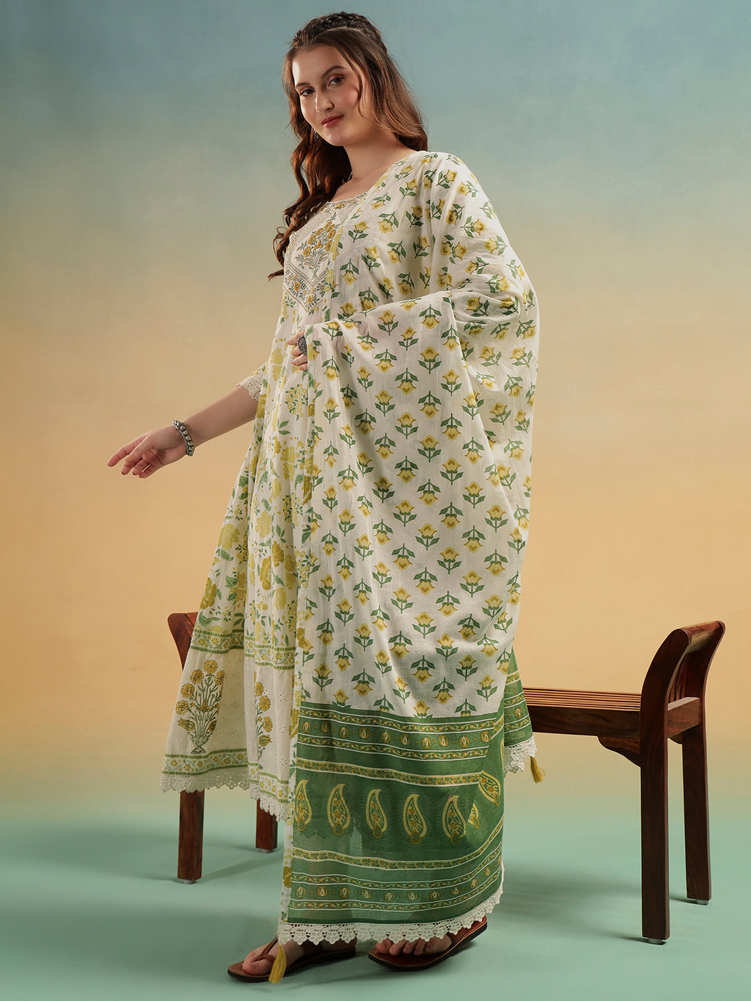Gulnaar Cream Jaipur Handblock Cotton A-Line Suit Set