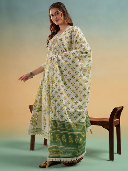 Gulnaar Cream Jaipur Handblock Cotton A-Line Suit Set