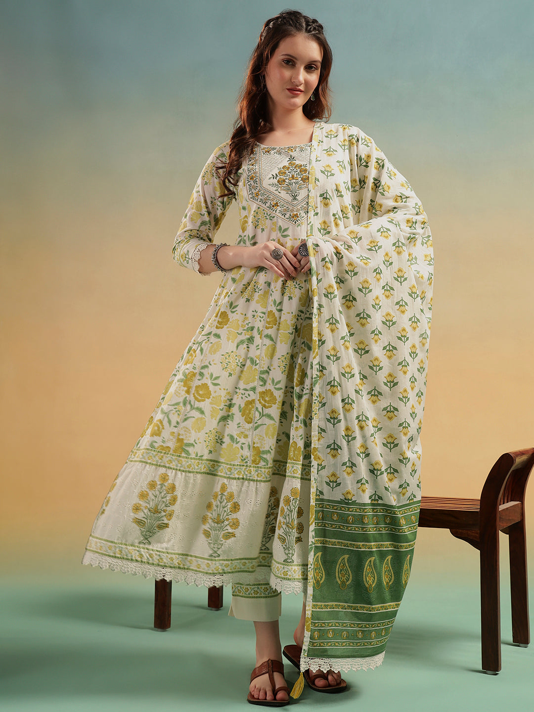 Gulnaar Cream Jaipur Handblock Cotton A-Line Suit Set
