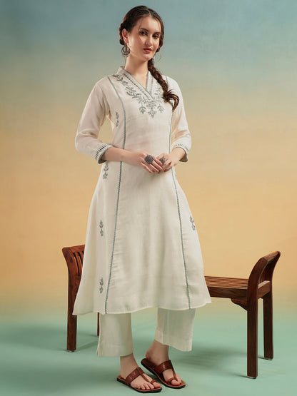 Ivory Embroidered Cotton Dobby Kurta Pant Dupatta Set