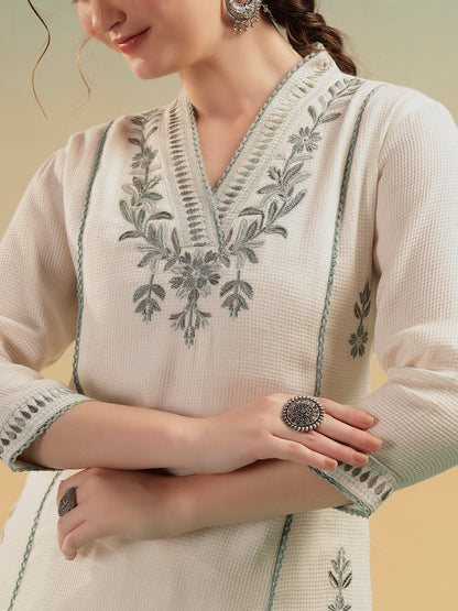 Ivory Embroidered Cotton Dobby Kurta Pant Dupatta Set