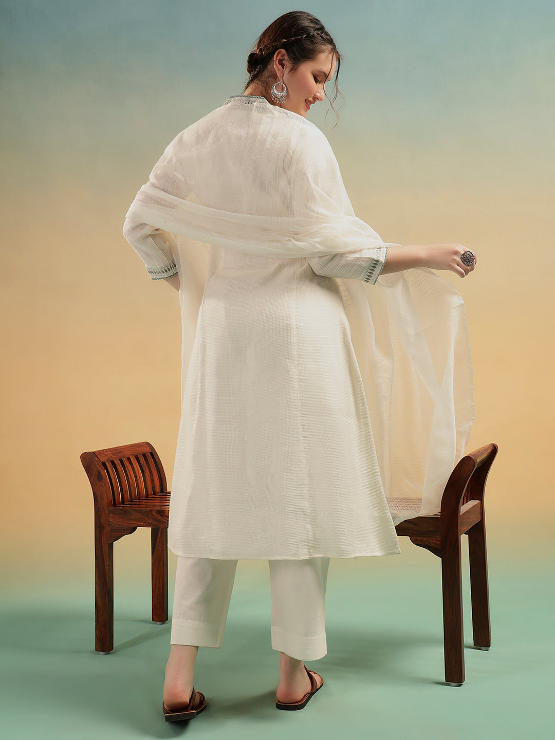 Ivory Embroidered Cotton Dobby Kurta Pant Dupatta Set