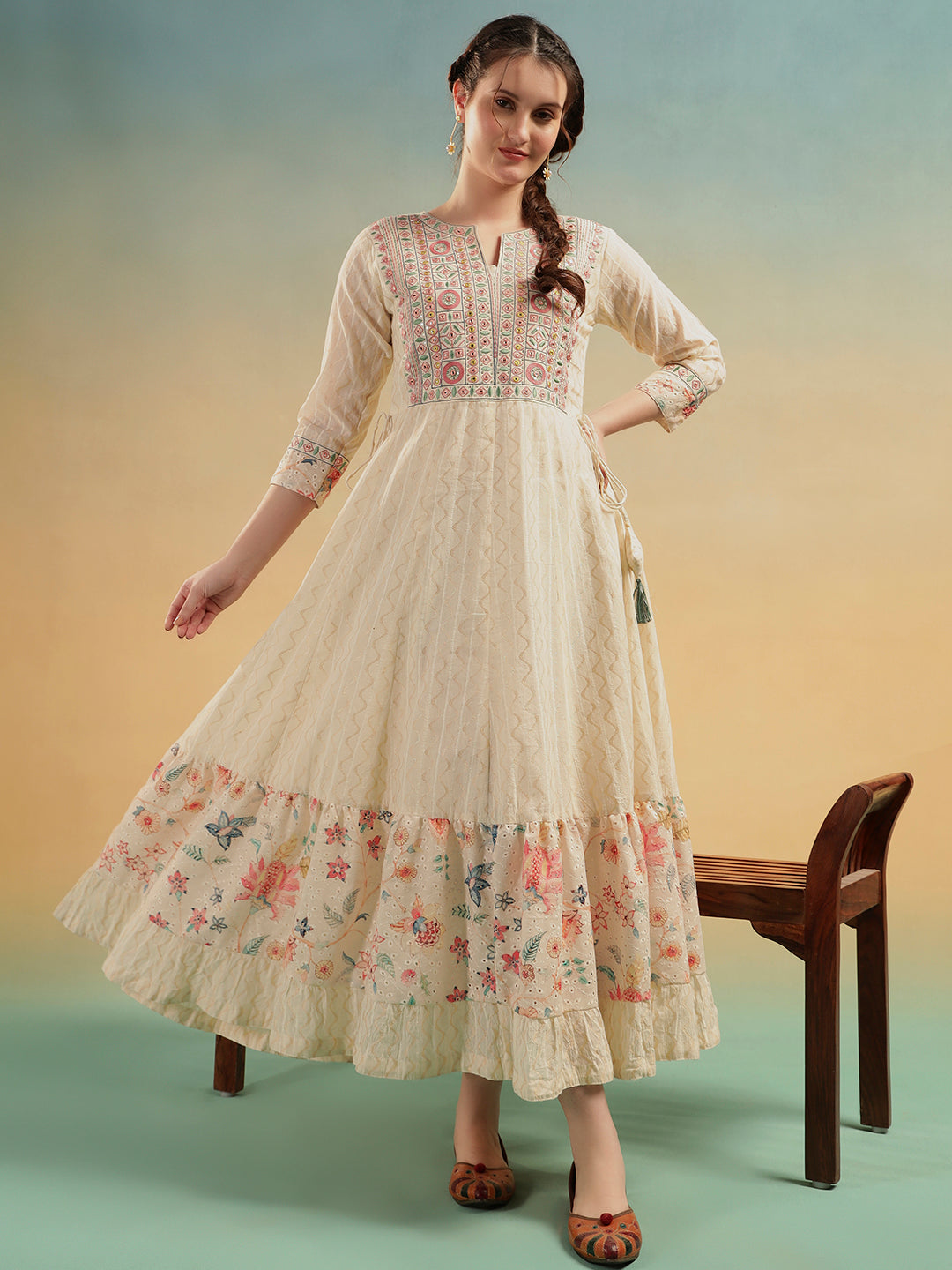 Ivory Mulmul Cotton Embroidered Long Ethnic Dress