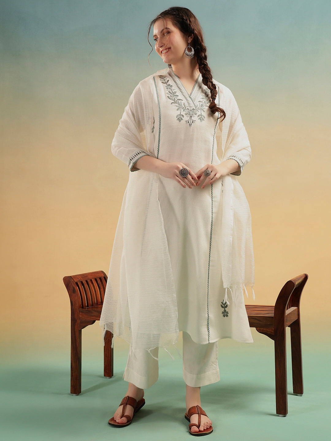 Ivory Embroidered Cotton Dobby Kurta Pant Dupatta Set