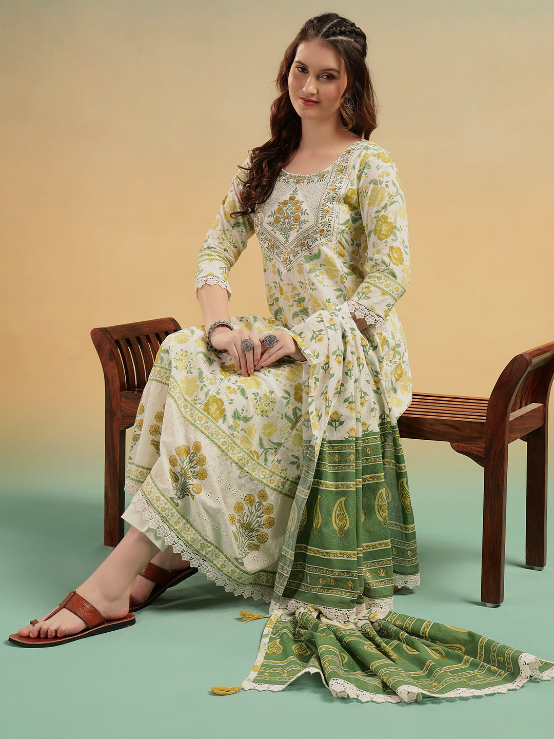 Gulnaar Cream Jaipur Handblock Cotton A-Line Suit Set