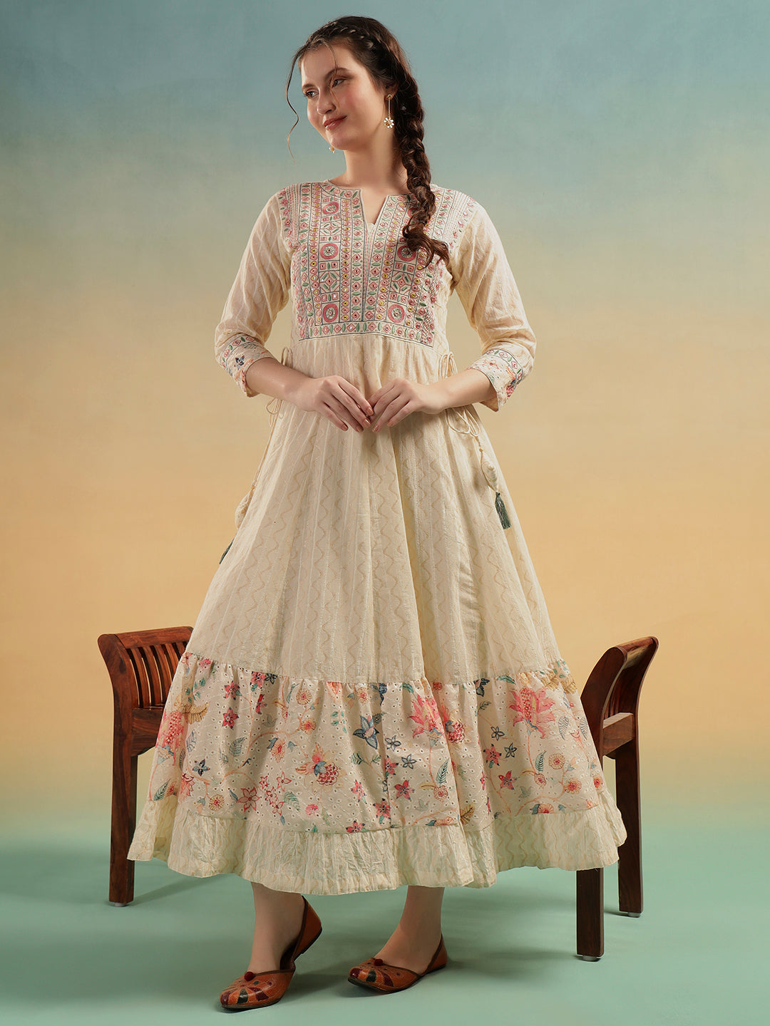 Ivory Mulmul Cotton Embroidered Long Ethnic Dress