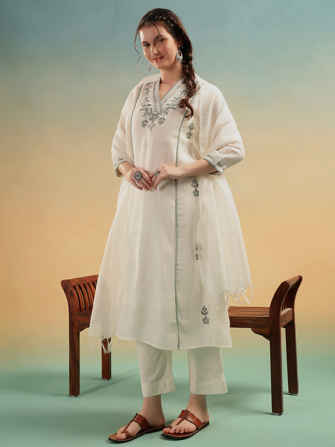 Ivory Embroidered Cotton Dobby Kurta Pant Dupatta Set