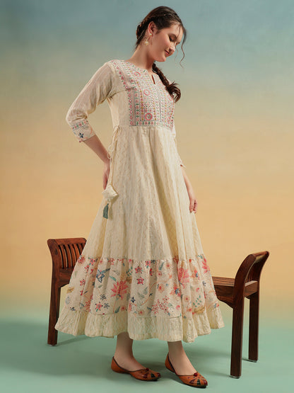 Ivory Mulmul Cotton Embroidered Long Ethnic Dress