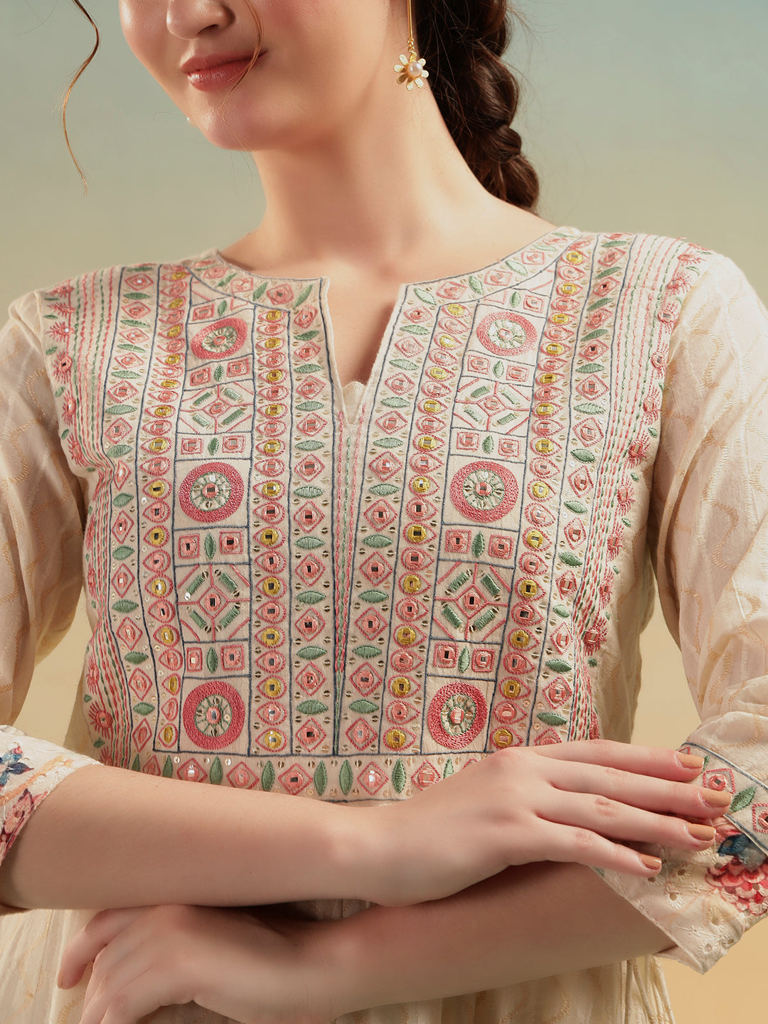 Ivory Mulmul Cotton Embroidered Long Ethnic Dress