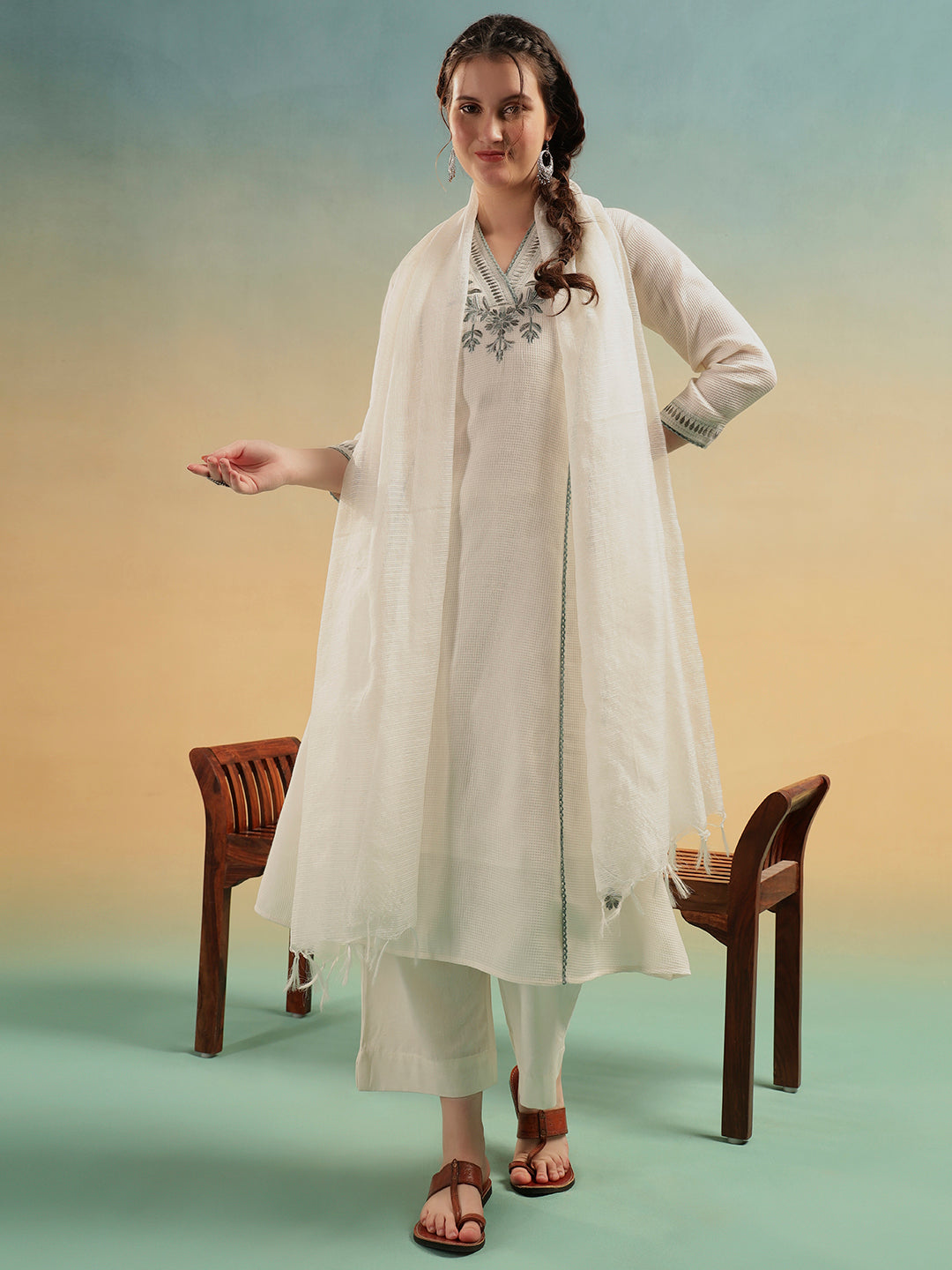 Ivory Embroidered Cotton Dobby Kurta Pant Dupatta Set