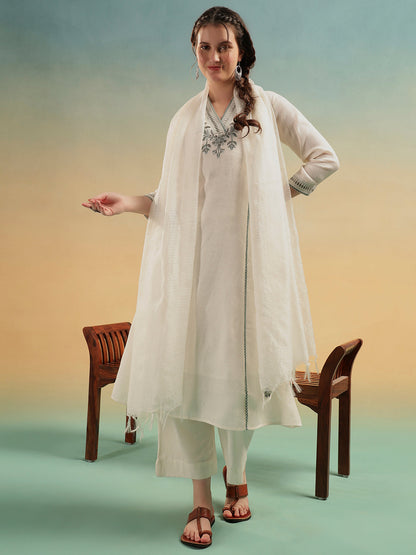 Ivory Embroidered Cotton Dobby Kurta Pant Dupatta Set