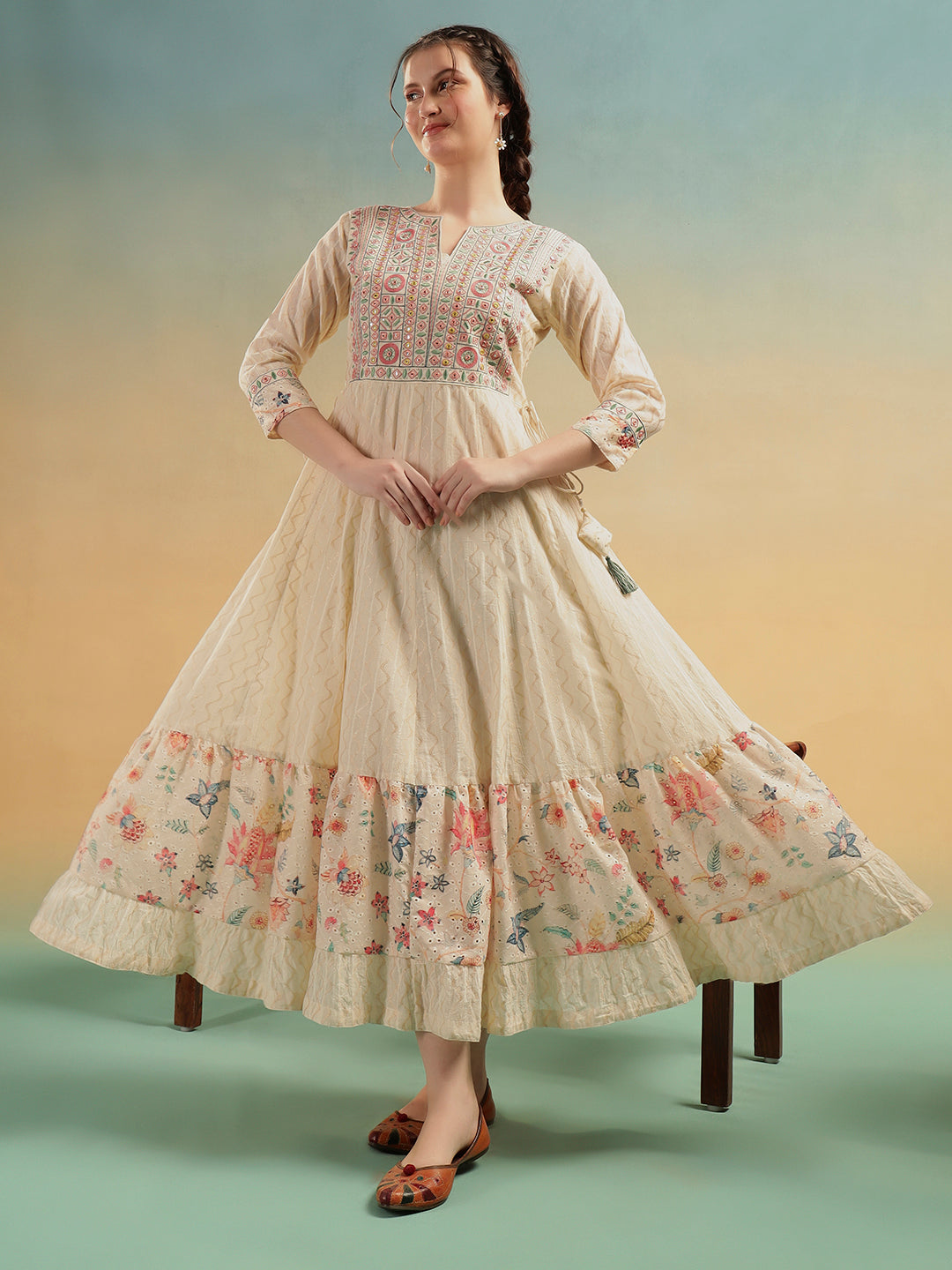 Ivory Mulmul Cotton Embroidered Long Ethnic Dress