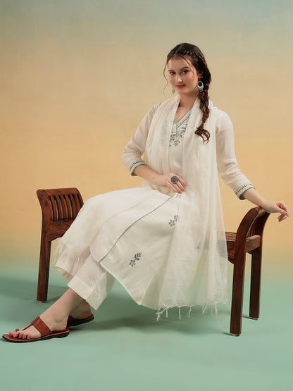 Ivory Embroidered Cotton Dobby Kurta Pant Dupatta Set