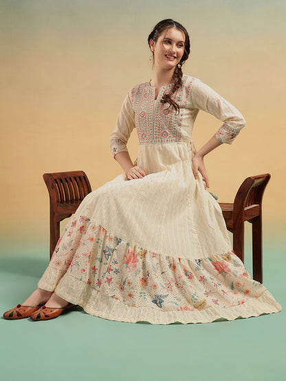 Ivory Mulmul Cotton Embroidered Long Ethnic Dress
