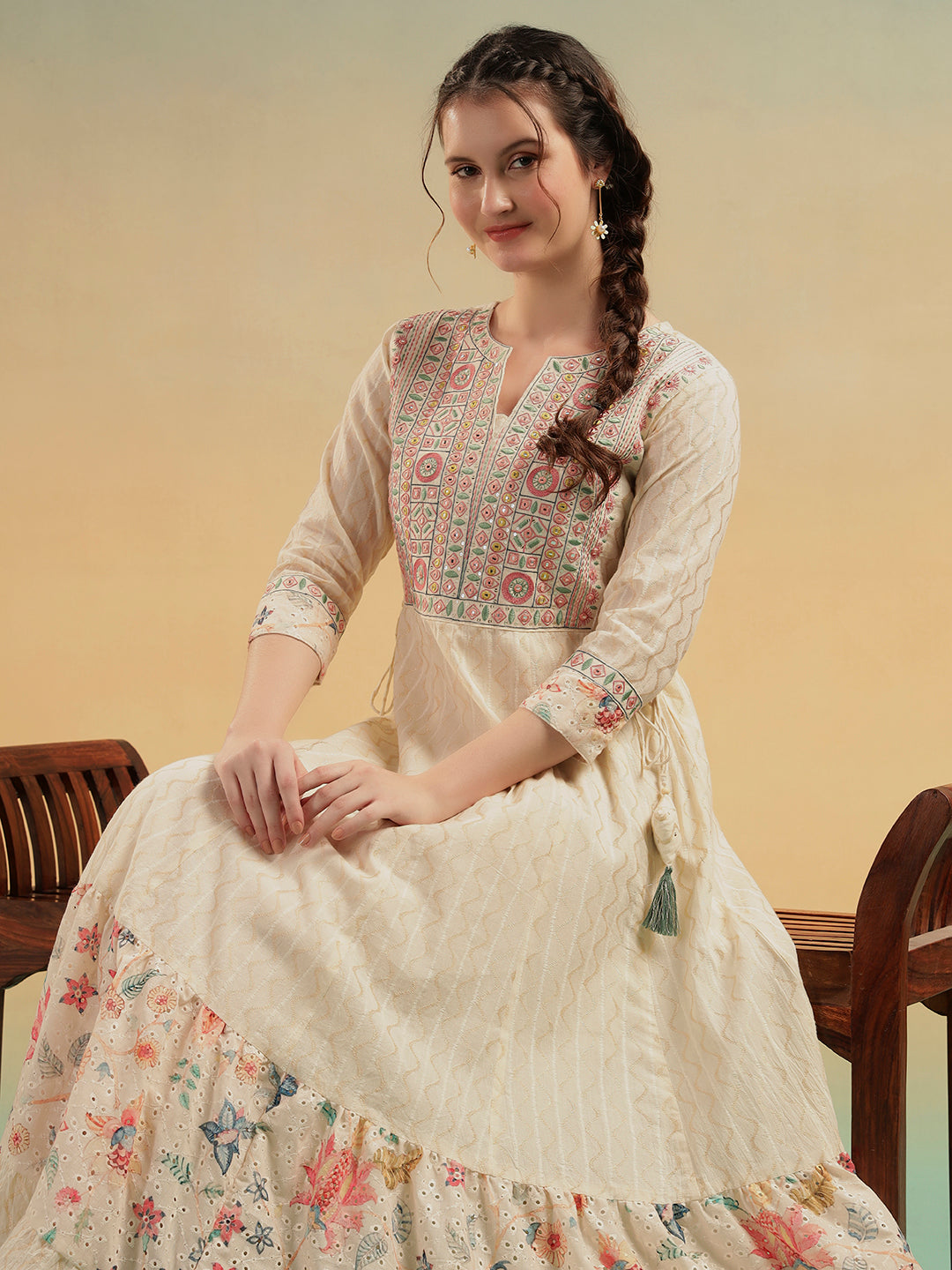 Ivory Mulmul Cotton Embroidered Long Ethnic Dress
