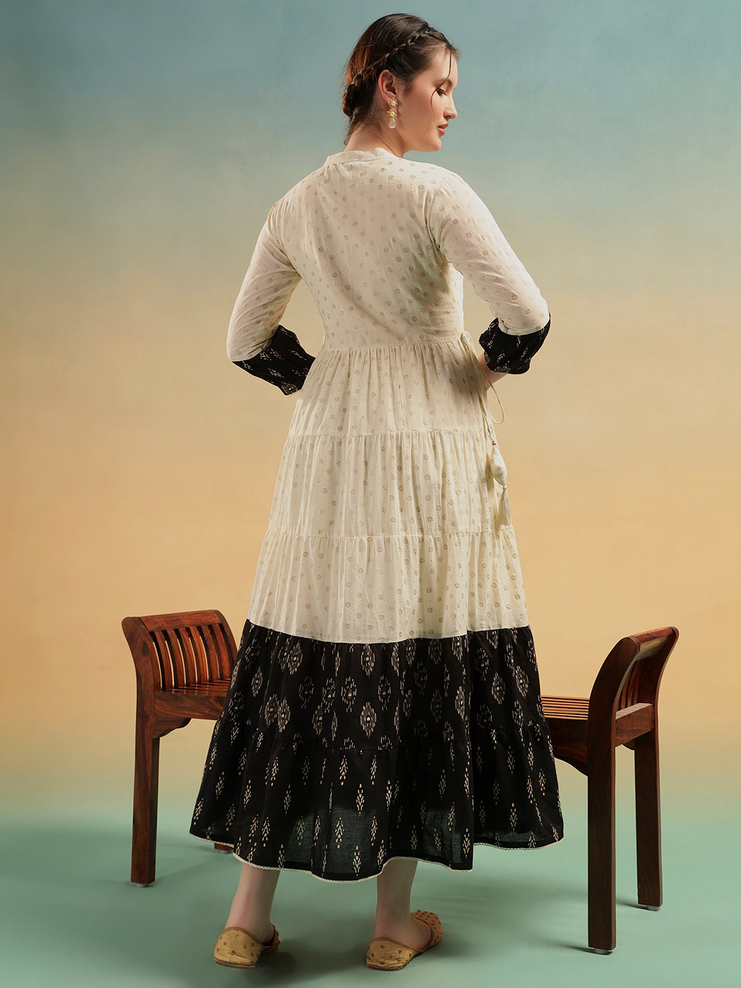 Ivory Embroidered Jaipuri Cotton Tiered Dress