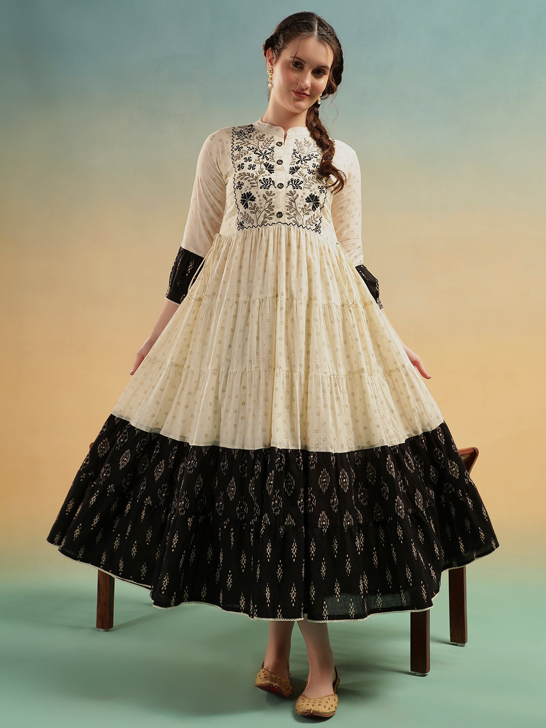 Ivory Embroidered Jaipuri Cotton Tiered Dress