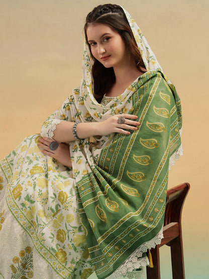 Gulnaar Cream Jaipur Handblock Cotton A-Line Suit Set