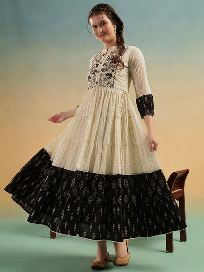 Ivory Embroidered Jaipuri Cotton Tiered Dress