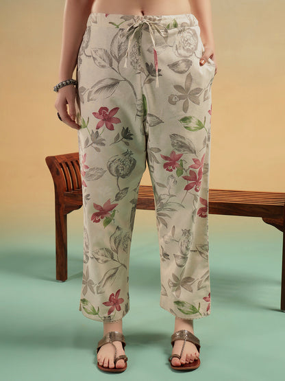 Ivory Floral Cotton Kurta Pant Set