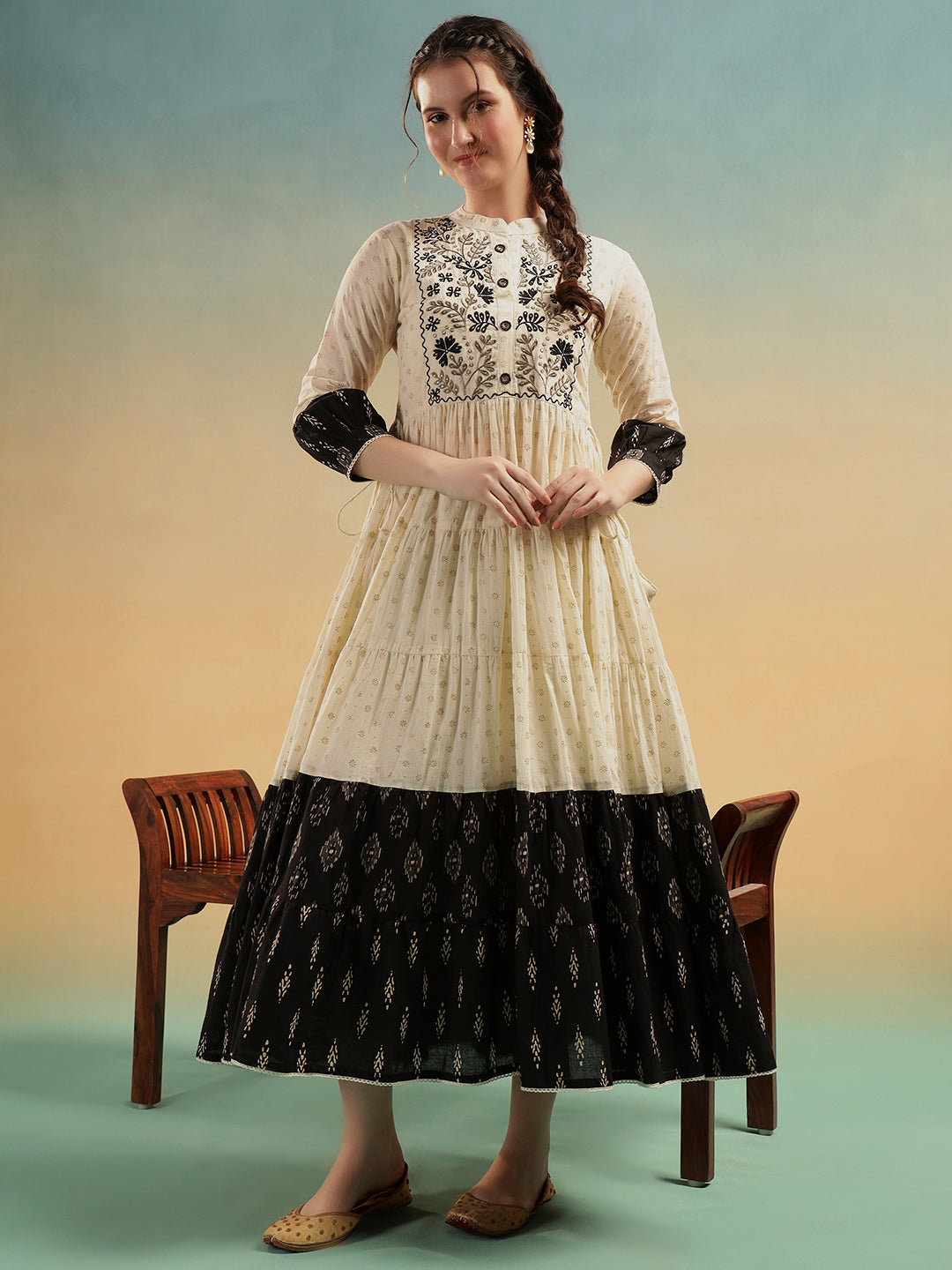 Ivory Embroidered Jaipuri Cotton Tiered Dress