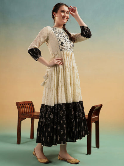 Ivory Embroidered Jaipuri Cotton Tiered Dress