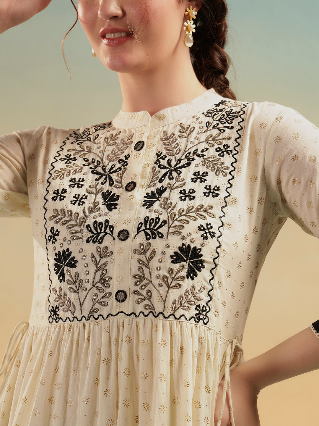 Ivory Embroidered Jaipuri Cotton Tiered Dress