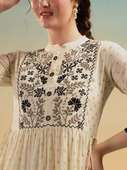 Ivory Embroidered Jaipuri Cotton Tiered Dress
