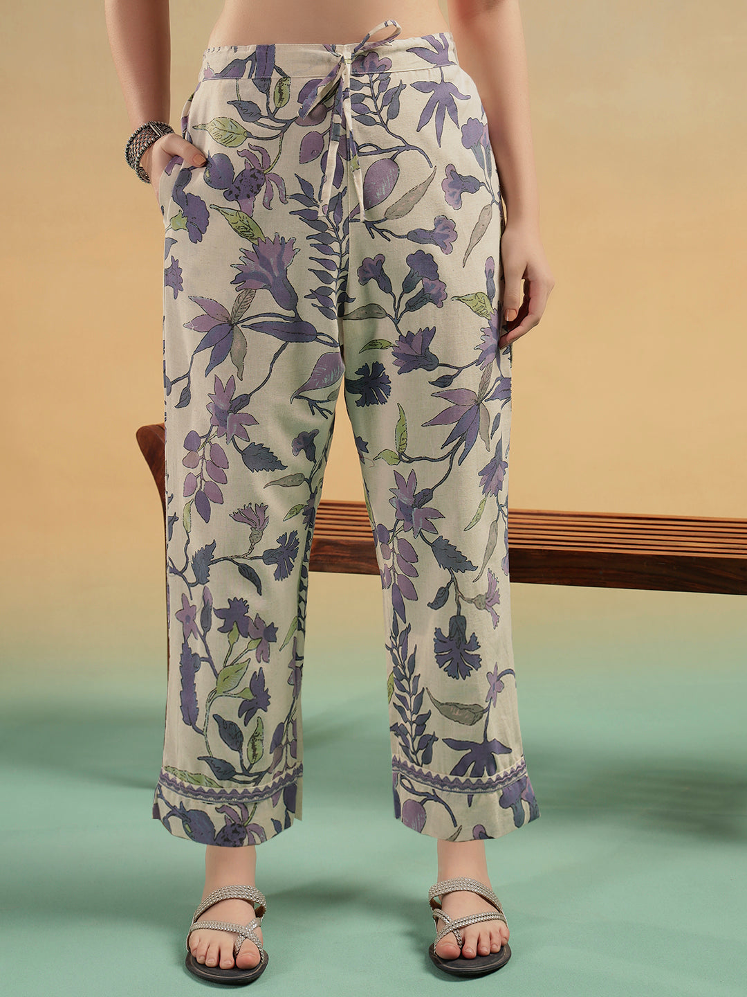 White Blue Floral Print Cotton Kurta Pant Set