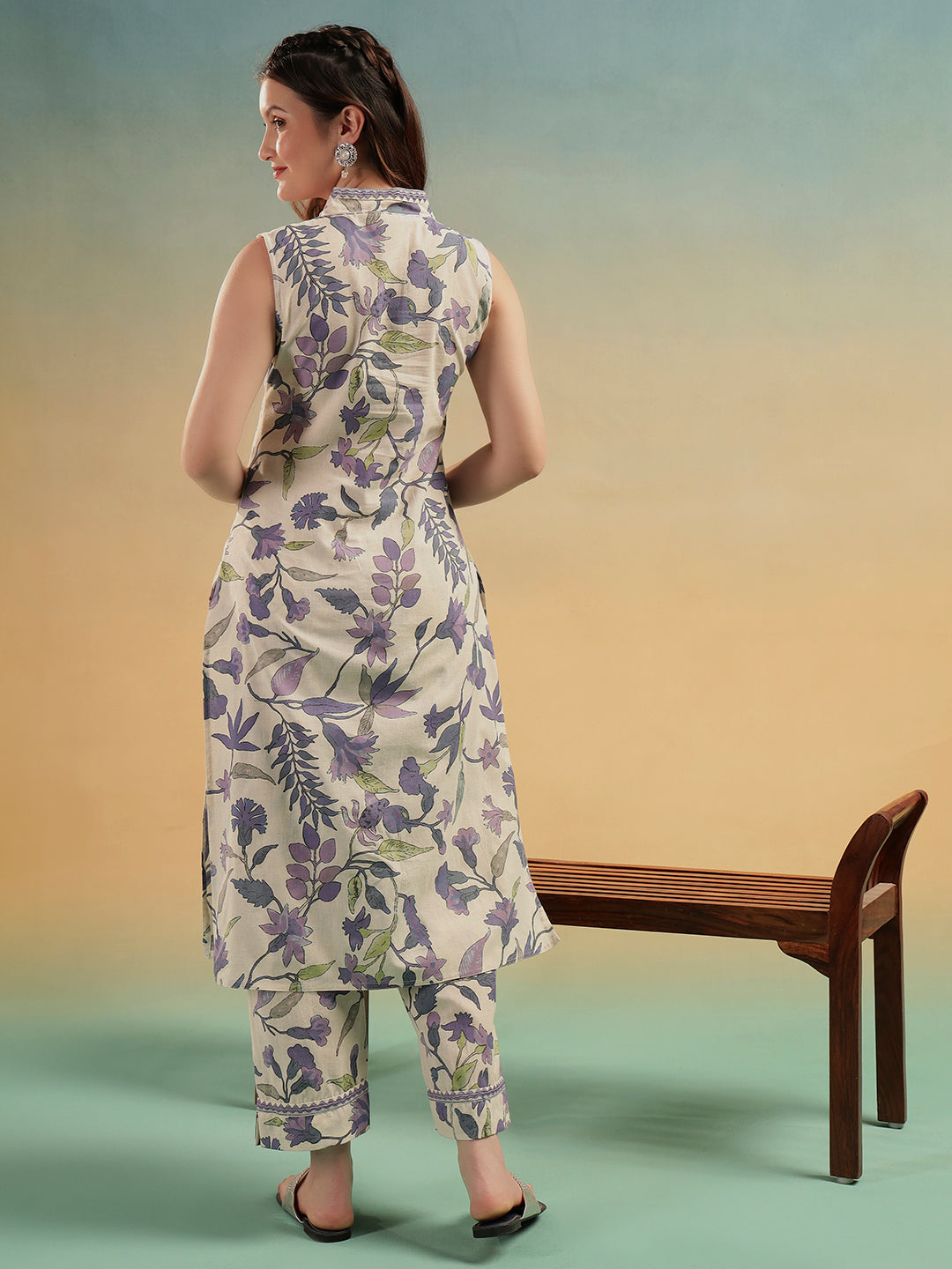 White Blue Floral Print Cotton Kurta Pant Set